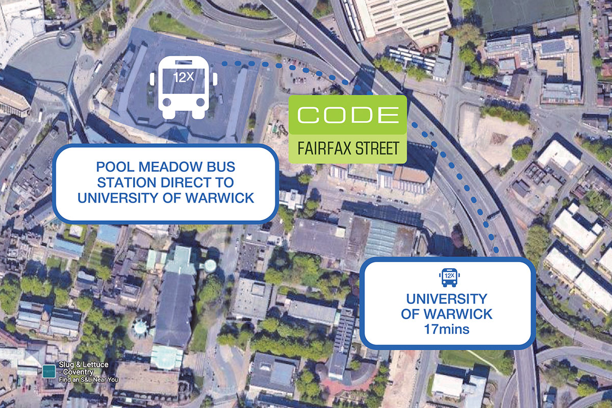 Location of CODE Fairfax Street to Pool Meadow Bus Station with 12x bus to University of Warwick