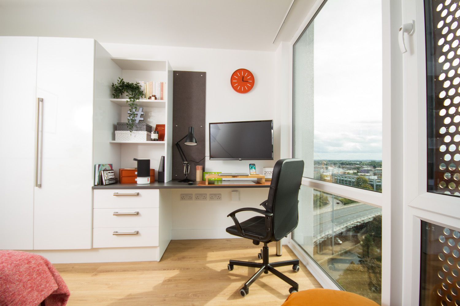 Upper Deluxe Studio Window and desk at CODE Student Accommodation Coventry