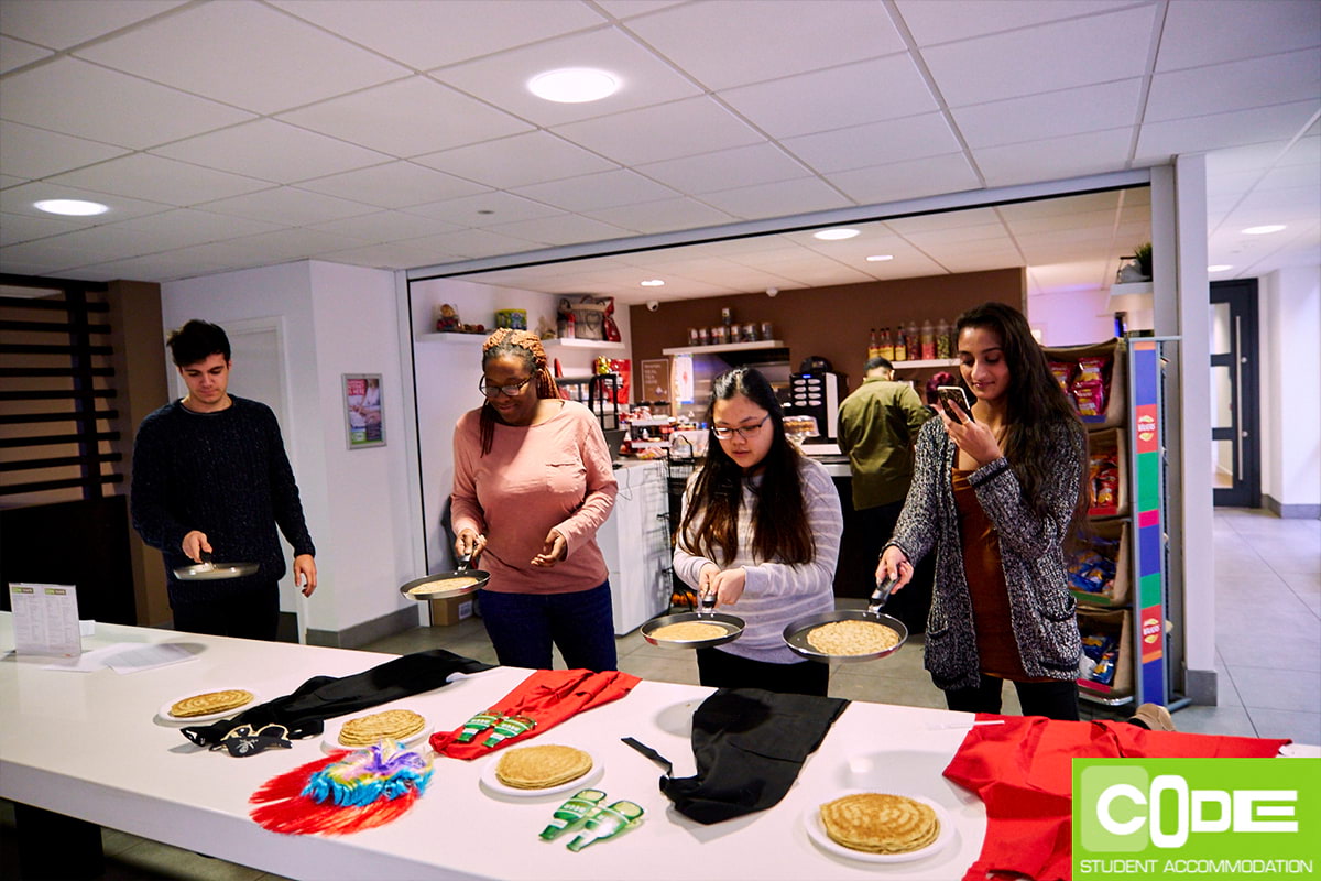 CODE Student Accommodation Leicester pancake day with students
