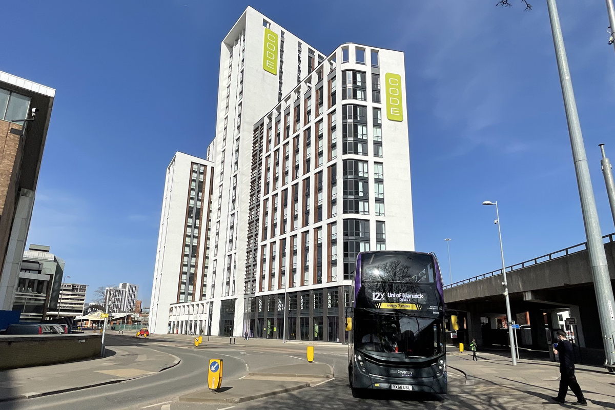 University of Warwick bus outside CODE Student Accommodation Coventry