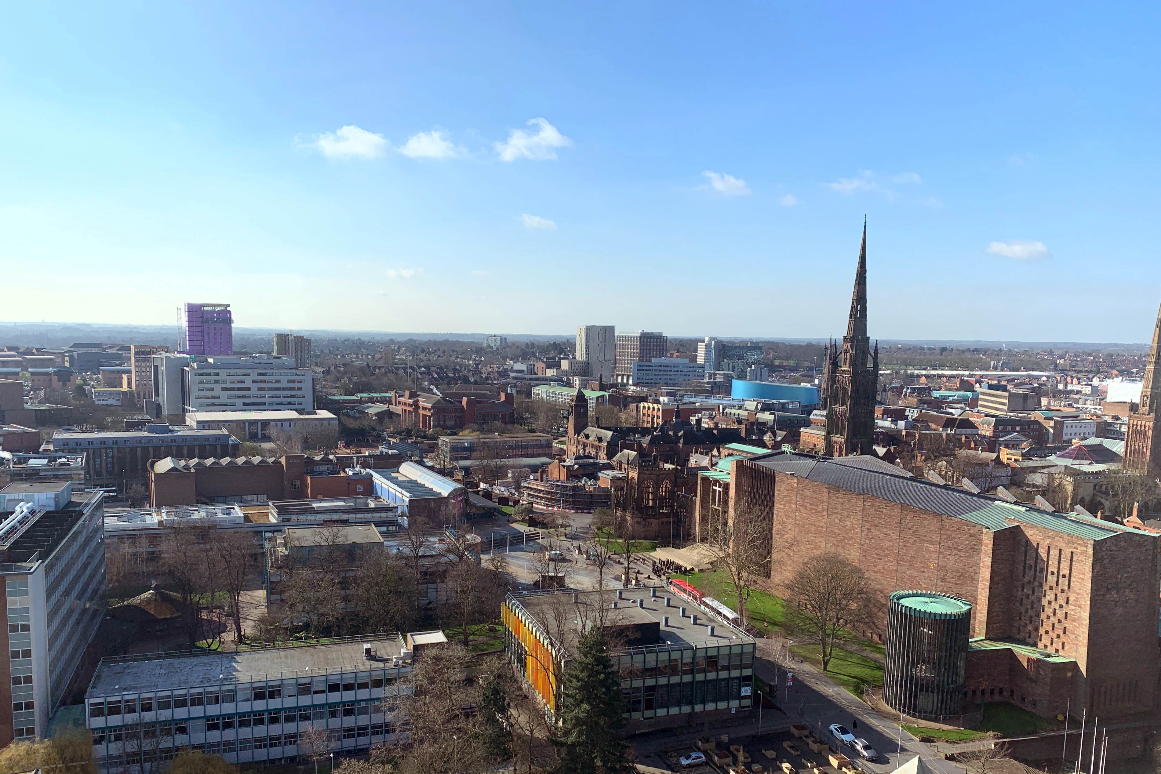 View from Penthouse Deluxe Studio flats over Coventry University and the city's famous cathedral