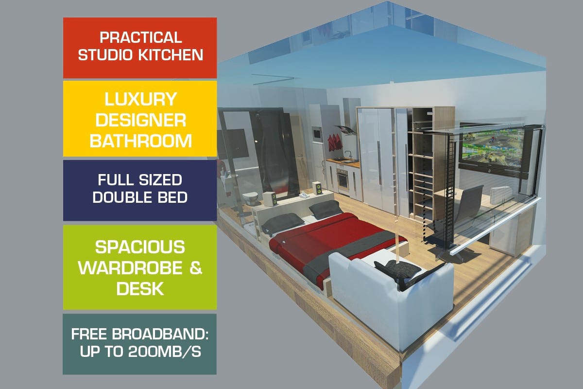 3D layout of a Studio at CODE Leicester Student Accommodation