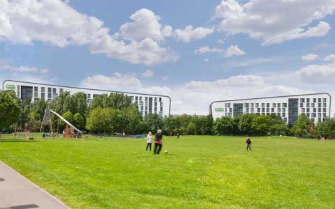 View of CODE's student accommodation in Leicester across Bede Park
