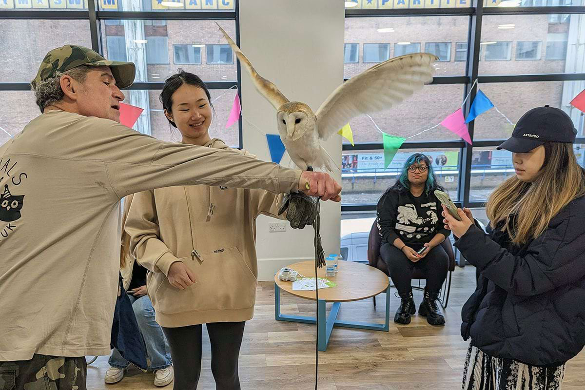 A student holding an owl at a CODE event