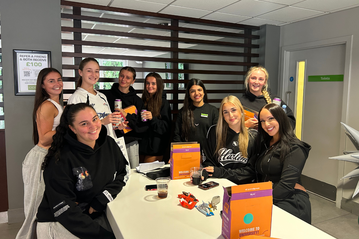 Students enjoying drinks at our welcome event