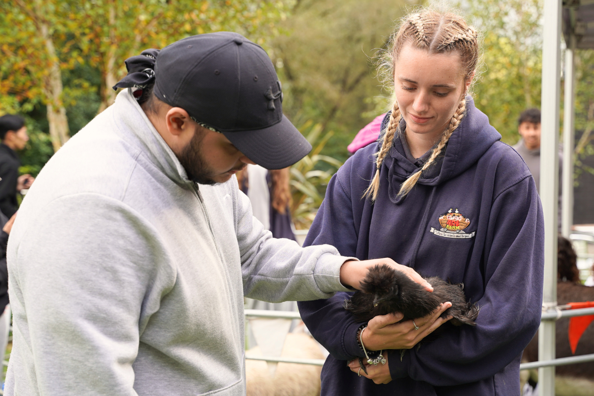 A student petting a bird while it is being held by one of the animal carers