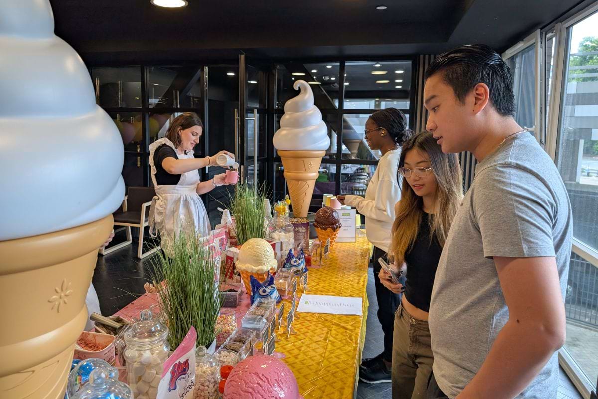Students lining up to get their ice creams at the grab n go ice cream event