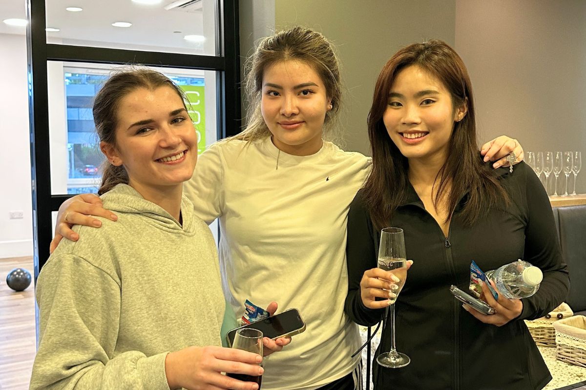 friends hanging out at the Pilates and prosecco event