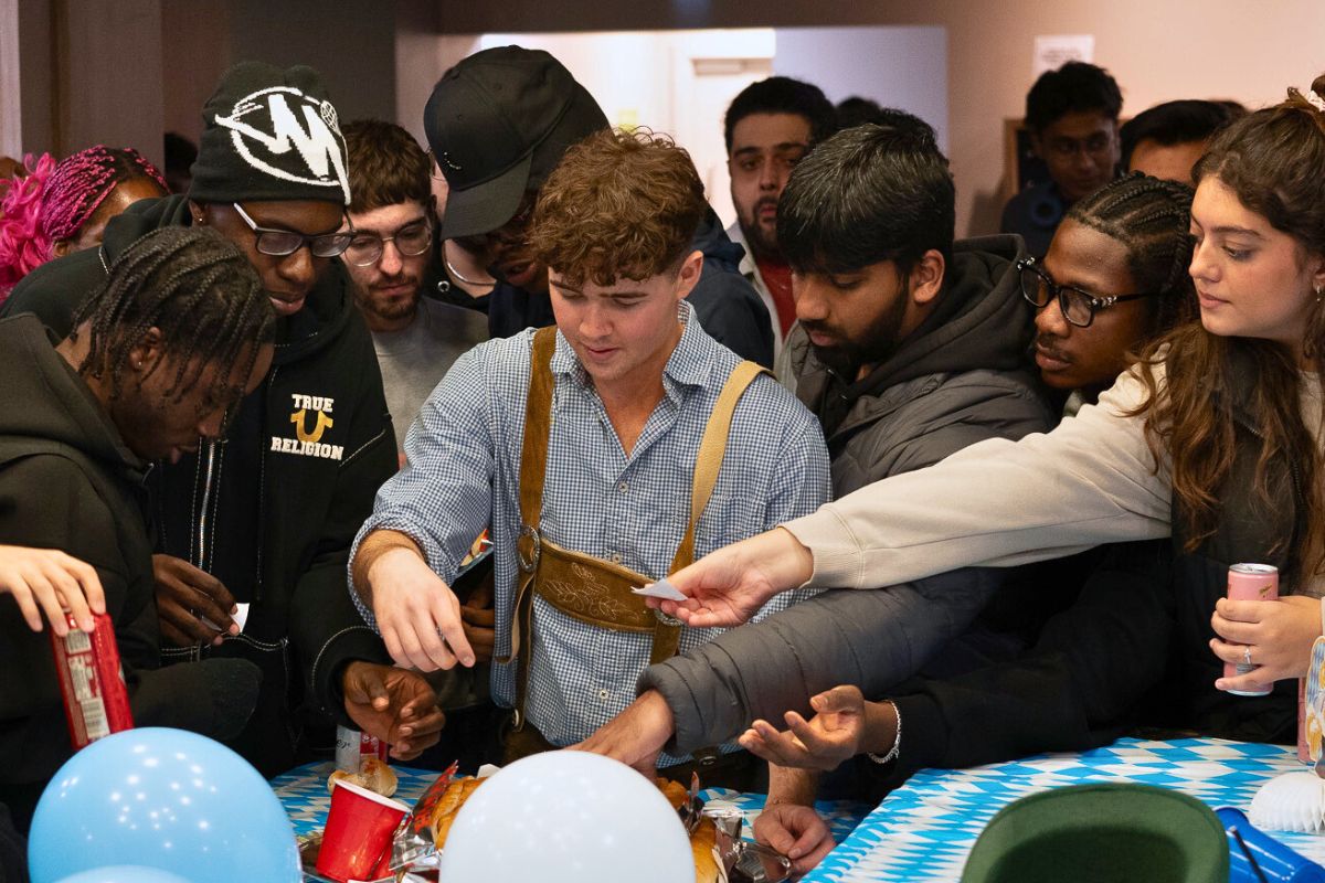 Students gather around the hotdog stand