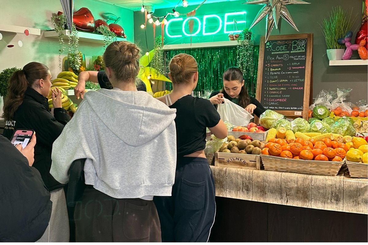 Students lining up for the fruit and veg