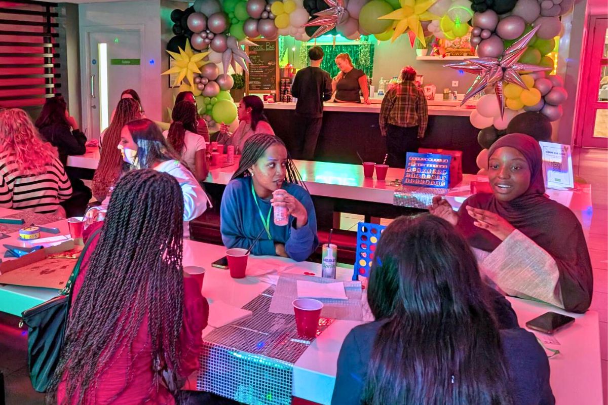 The CODE communal areas full of students at the welcome meet and greet event