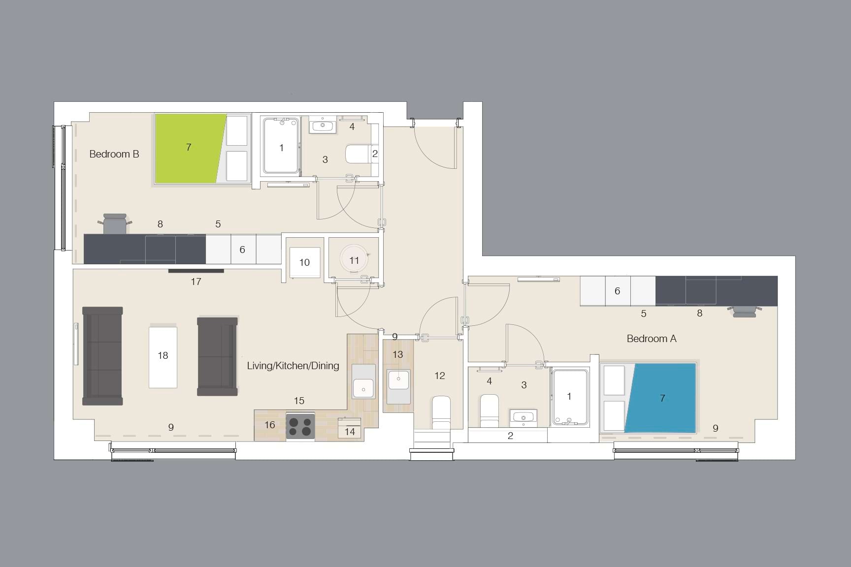 Floor plan of a 2 bedroom apartment