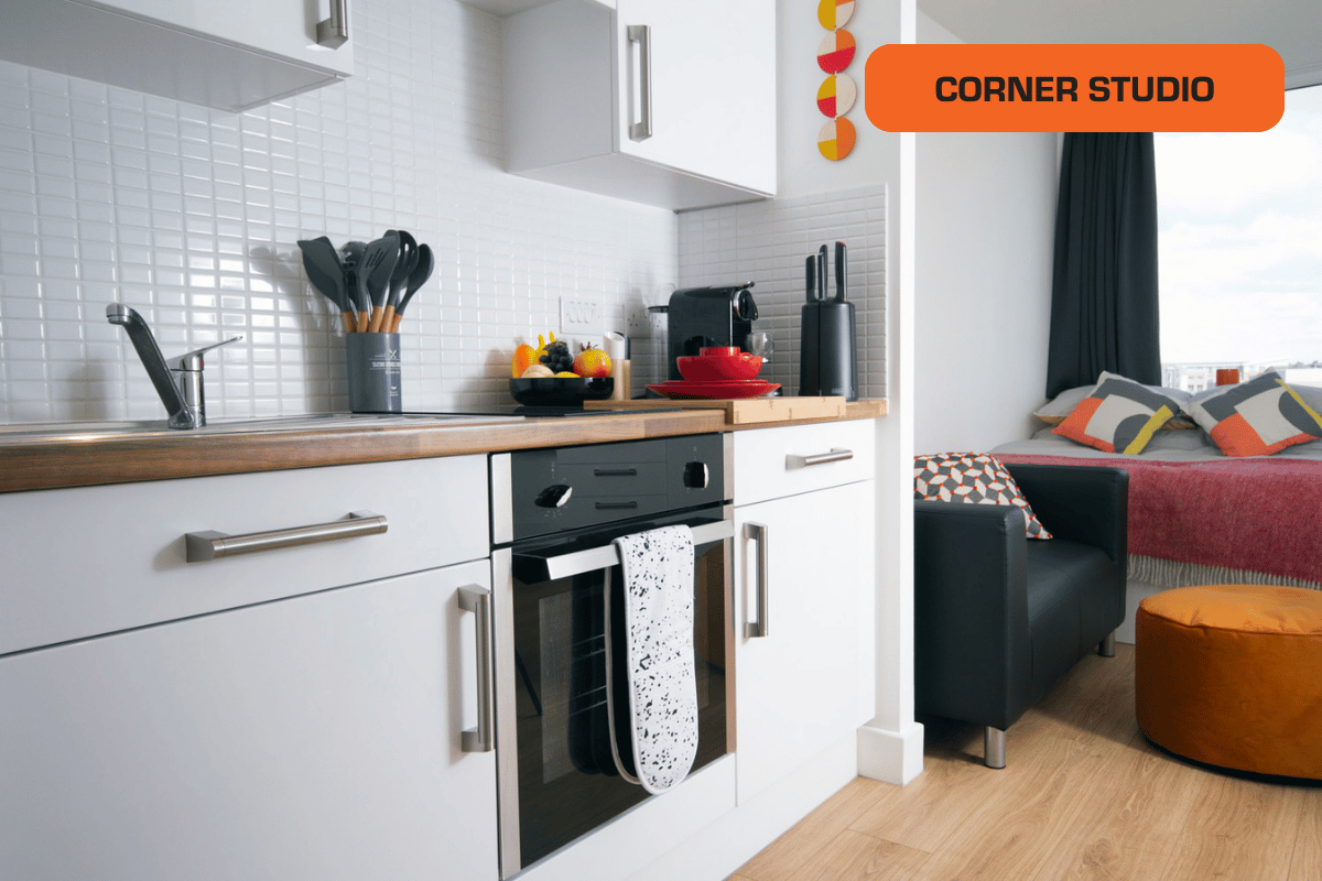 Corner Studio kitchen area at CODE Student Accommodation Coventry