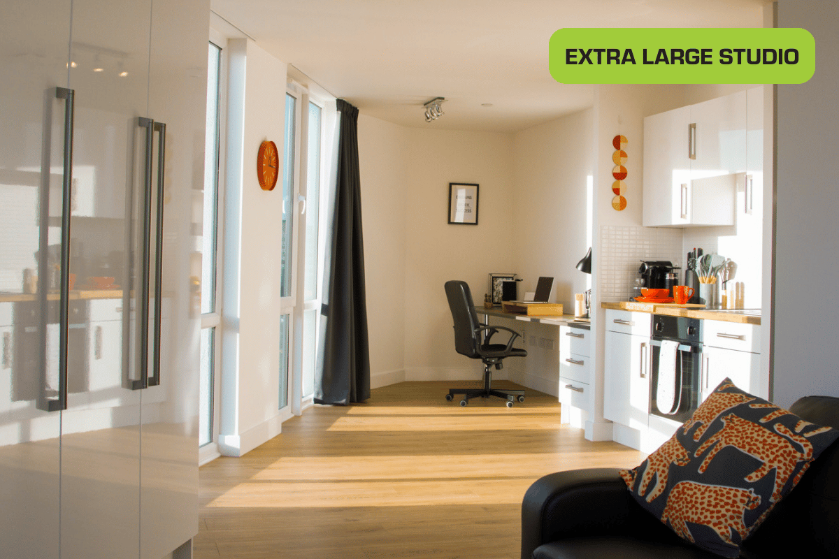Extra Large Deluxe Studio kitchen and desk area at CODE Student Accommodation Coventry
