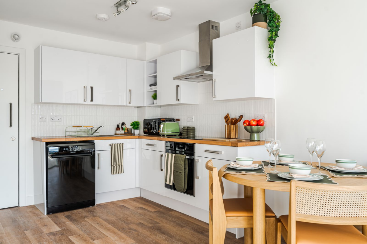 Modern L-shaped kitchen in a one-bedroom apartment with built-in oven and dishwasher