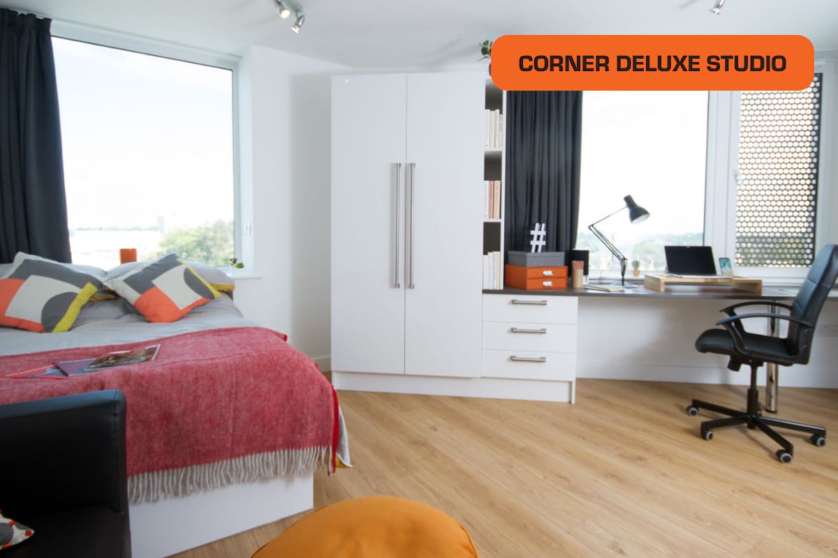 Corner Deluxe Studio area Block A at CODE Student Accommodation Coventry