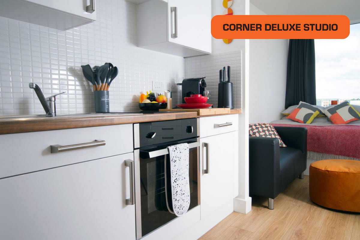 Corner Deluxe Studio kitchen area at CODE Student Accommodation Coventry