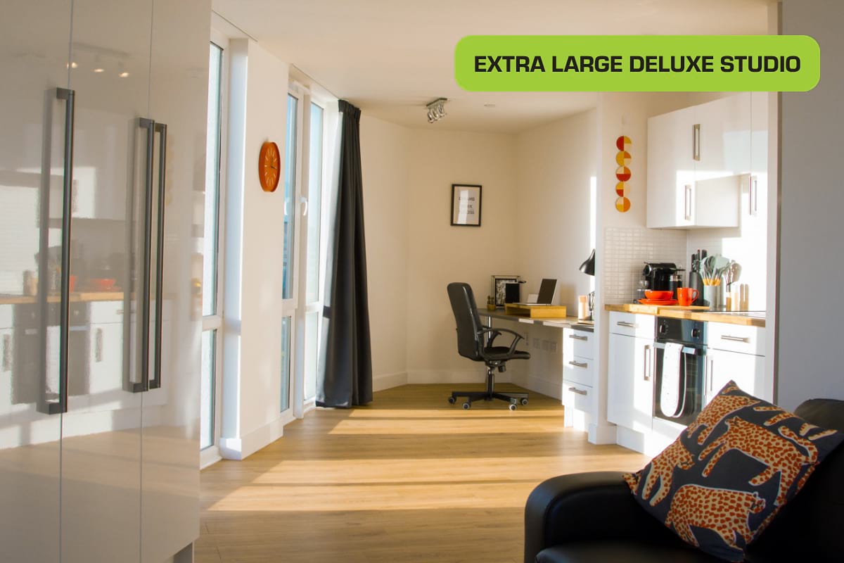 Extra Large Deluxe Studio kitchen and desk area at CODE Student Accommodation Coventry Block A