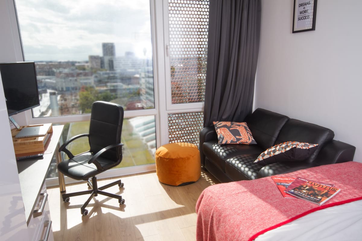 Deluxe Studio study area, sofa and view outside the window