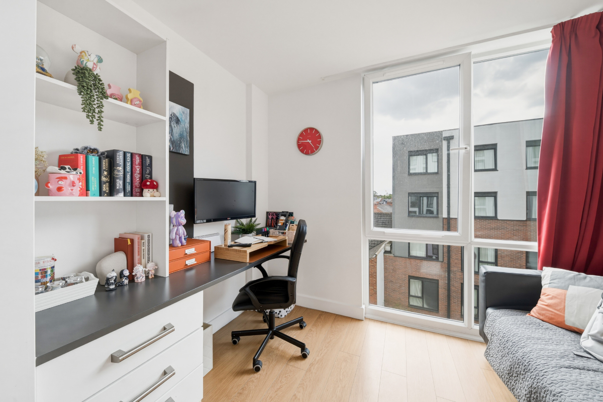 Silver room Desk View at CODE student accommodation Leicester