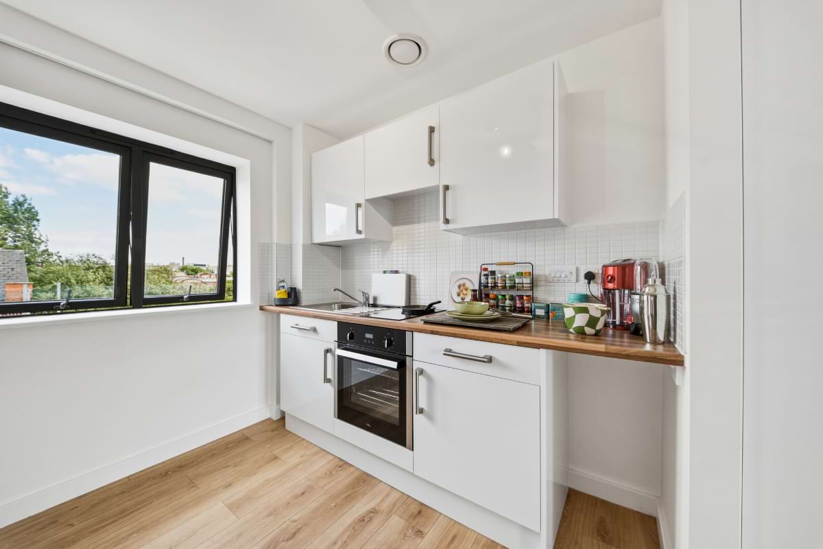 Kitchen in Gold Super-Large City Studio at CODE Student Accommodation Leicester