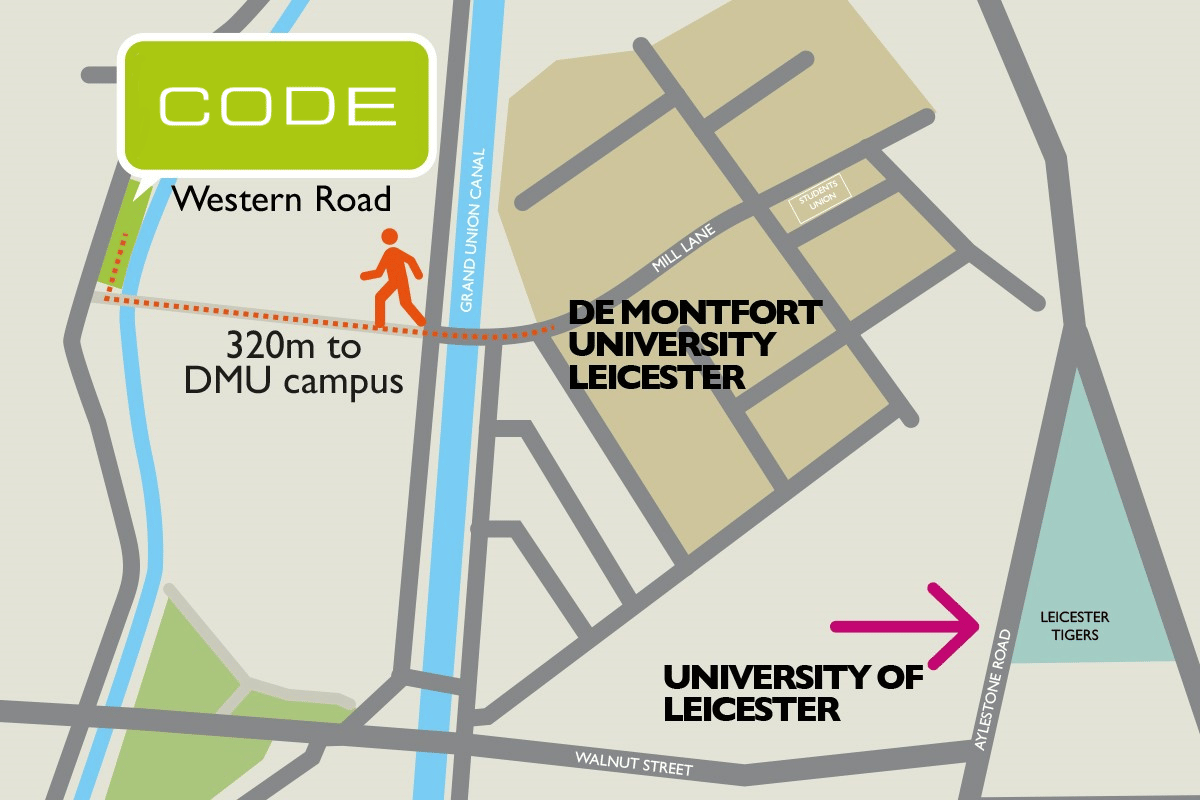 Map showing CODE Student Accommodation Leicester is just 5 minutes walk from DMU