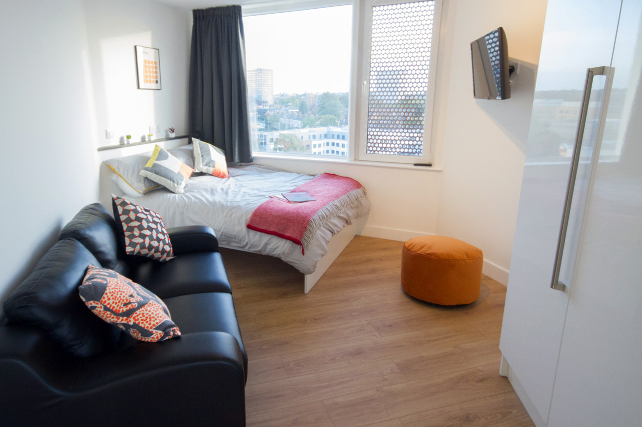 Extra Large Deluxe Studio Bed area at CODE Student Accommodation Coventry